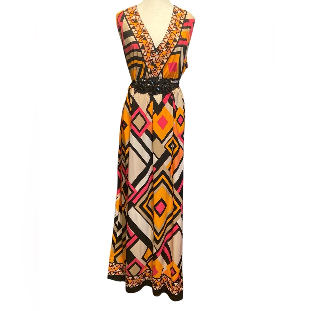 R&M Richards Orange Black Sleeveless Maxi Sundress